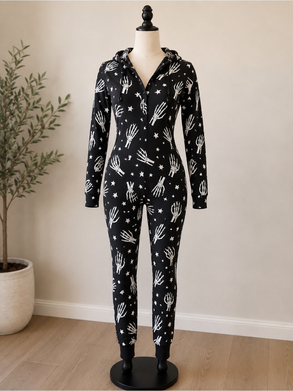 Shosho Skeleton Hand Star Hooded Jumpsuit Onesie Black White Size L